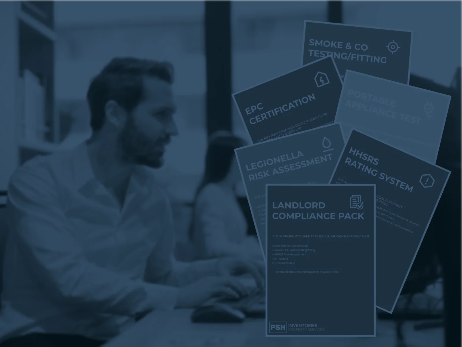 Landlord compliance pack with Legionella, smoke and CO, PAT, HHSRS and EPC reports